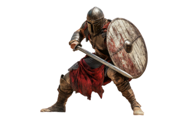Warrior in Armor Brandishing Sword and Shield in Battle Pose