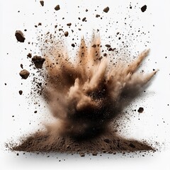 A Powerful Earth Explosion, Raw Energy Unleashed In A Dramatic Burst Of Brown Dust And Debris Against A Stark White Background