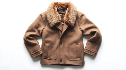 A brown jacket with a fur collar on white surface