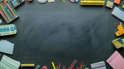 Top View Frame Of Colorful School Supplies Around A Blank Chalkboard Ready For Back To School Season