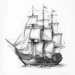 Highly detailed pencil sketch of a historic Spanish galleon with full sails, showcasing intricate craftsmanship and the grandeur of maritime exploration