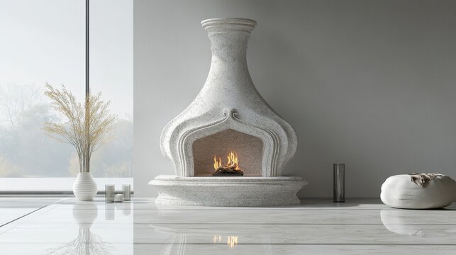 A pristine, polished marble fireplace, its intricate veins whispering tales of ages, stands gracefully on a transparent backdrop, inviting warmth and elegance into any setting.