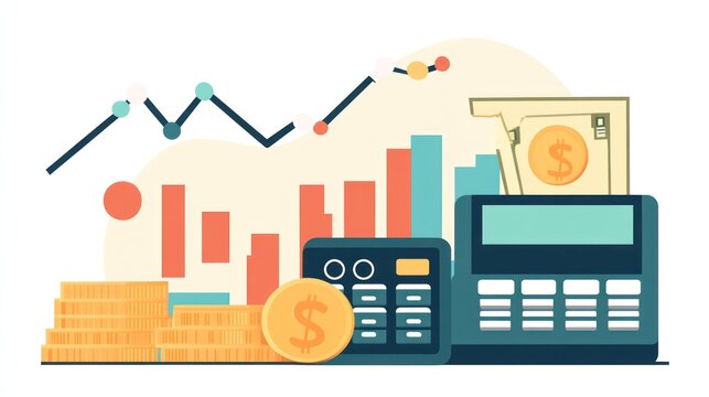 Financial planning Coins, bars, & machine in the foreground, graph on creamy & white backdrop
