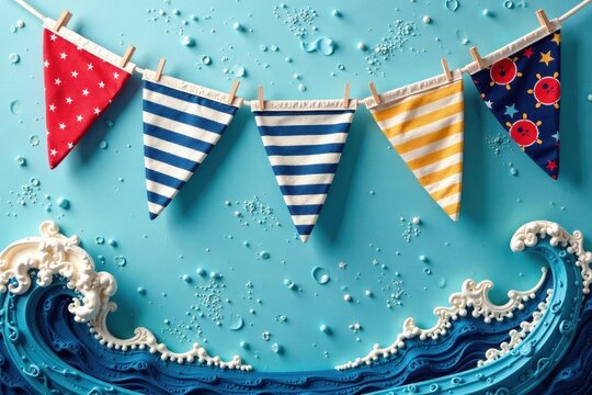Striking nautical themed bunting, bold colors, ocean details , beach, ocean