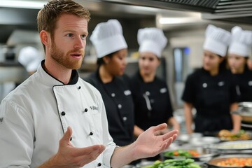 Chef Explaining Culinary Techniques in Professional Kitchen Setting