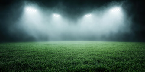 Illuminated football field at night with bright stadium lights and misty atmosphere for sports events