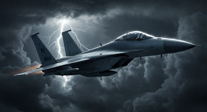 Fighter Jet Soaring Through Stormy Skies Military Aviation High-Speed Flight