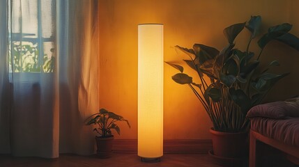 In a dimly lit room, a tall lamp, casting a warm and inviting glow, bathes the yellow wall in a cozy atmosphere, creating a tranquil haven for relaxation and contemplation.