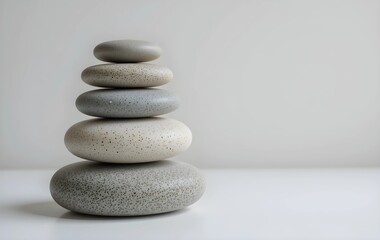 Stack of smooth stones balanced on a white surface, pile of stones on plain surface, smooth stones placed in a pile