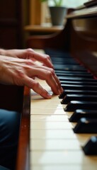 Fototapeta premium Close-up ivory piano keys, hands playing chords, closeup, elegance, music