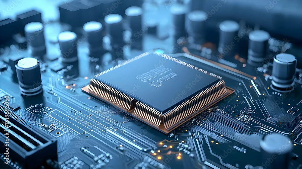 Poster close up of a modern cpu on a blue circuit board with gold contacts in a dark environment with orang