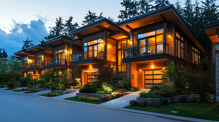 Modern townhouses glow warmly at twilight showcasing contemporary design and landscaping in a peaceful residential neighborhood.