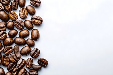 Fototapeta premium Coffee beans scattered on a white background showcasing their rich brown color and texture, perfect for coffee lovers and culinary enthusiasts, coffee concept