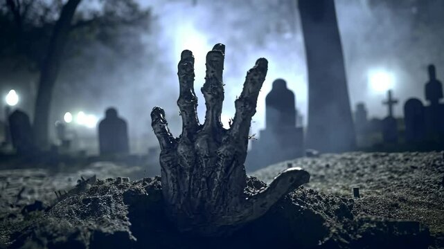 Eerie graveyard scene with a hand emerging from the ground during a foggy night