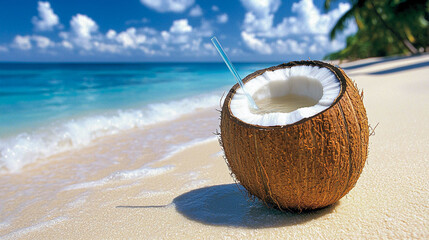 Coconut with a straw, standing on a sandy beach. In the distance you can see the sea and the blue sky with clouds. A tropical vacation destination.