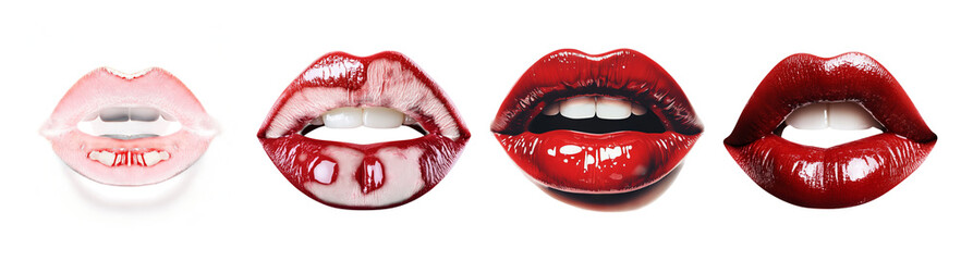 Close-Up of Glossy Red Lips on White Background for Makeup Art, PNG bundle collection, Isolated on Transparent Background