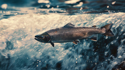 Obraz premium Salmon Swimming Upstream: Resilience and Perseverance in Nature and Market Trends