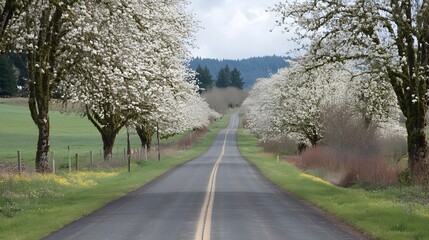 Fototapeta premium Scenic road lined with blooming trees creating a beautiful canopy, leading to distant forest.