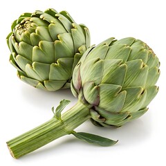 Obraz premium Two fresh green artichokes with layered leaves and thick stems, isolated on transparent background