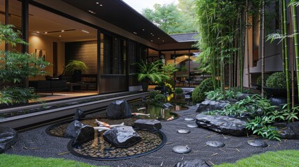 Obraz premium Serene Zen Garden Koi Pond Design: Modern Minimalist Japanese Home Exterior with Tranquil Water Feature and Lush Greenery