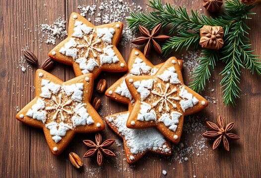 Star-shaped gingerbread cookies dusted with powdered sugar, nuts, cinnamon, anise, and fir branch on rustic wood , aromatic, fir