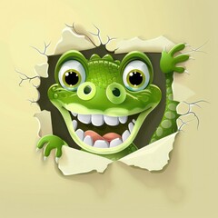 Fototapeta premium a green cartoon crocodile climbing out of a torn paper