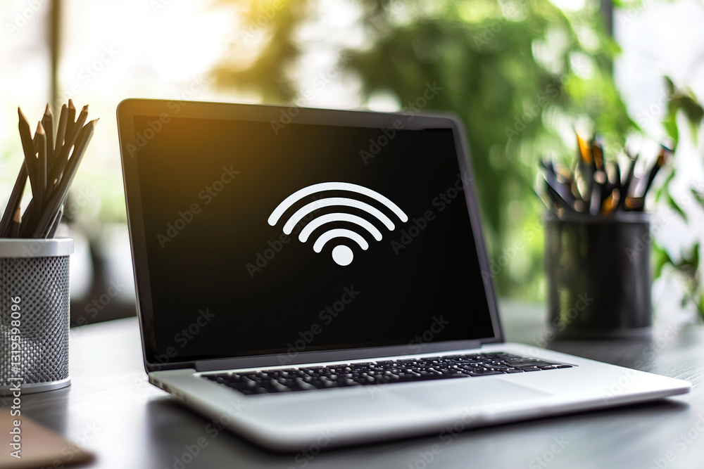 Poster wifi connection symbol displayed on laptop screen during remote work in bright office environment