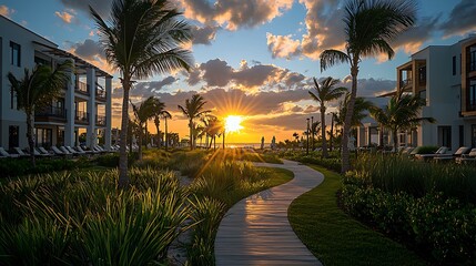 Sunset Boardwalk Tropical Resort Scene