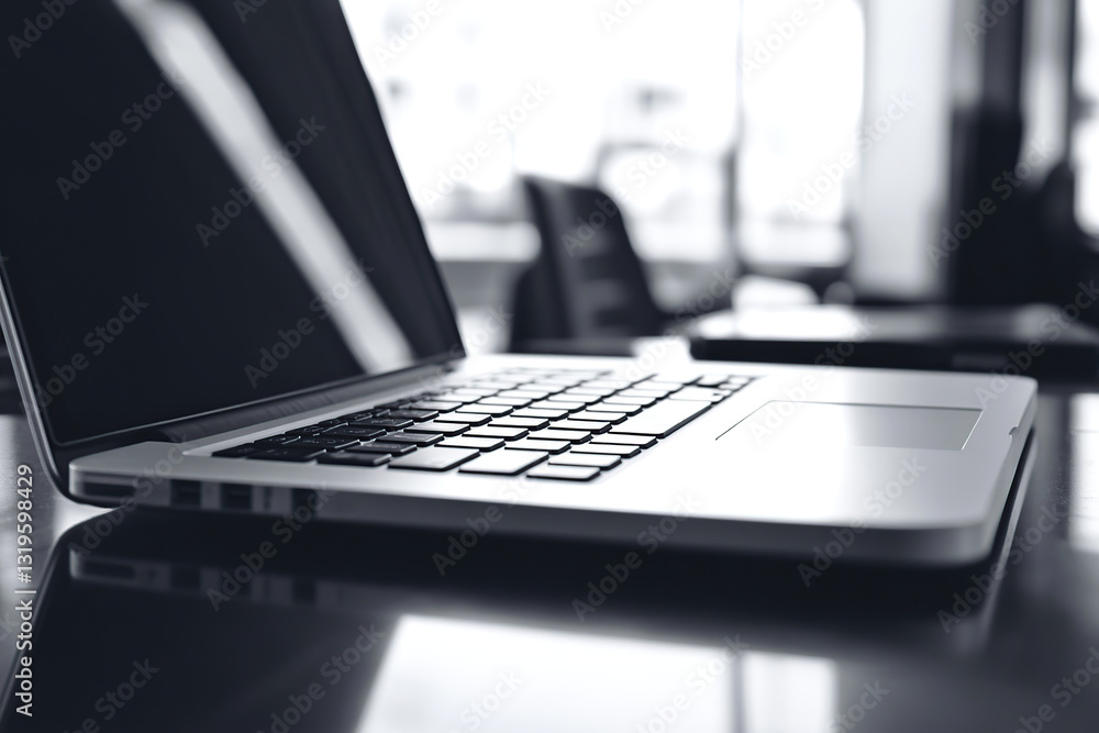 Poster laptop resting on a table in a modern workspace during daylight
