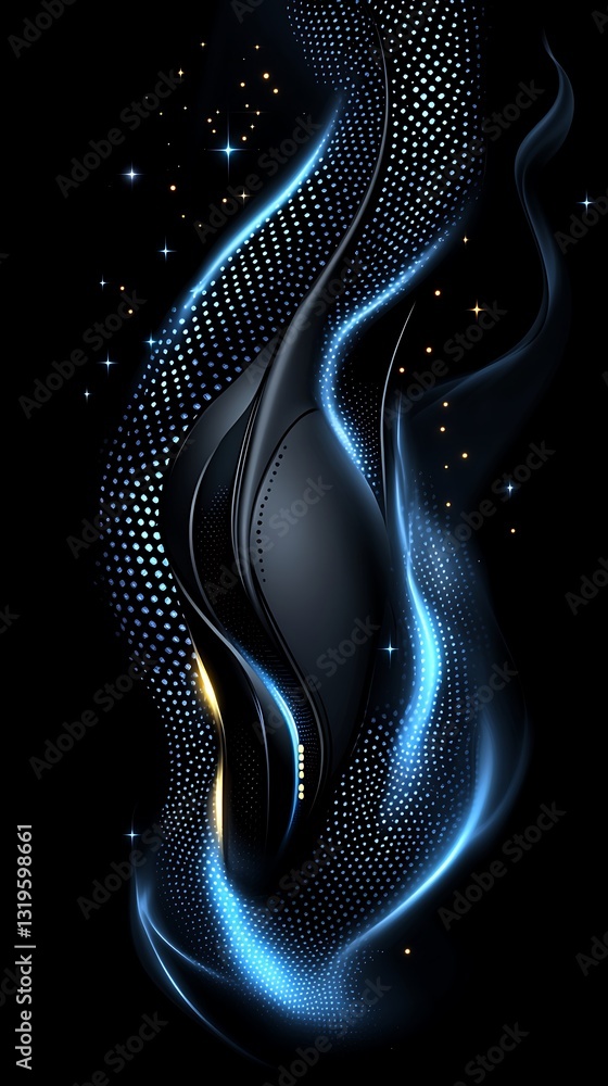 Poster elegant dark abstract backdrop with flowing blue lines and halftone grid