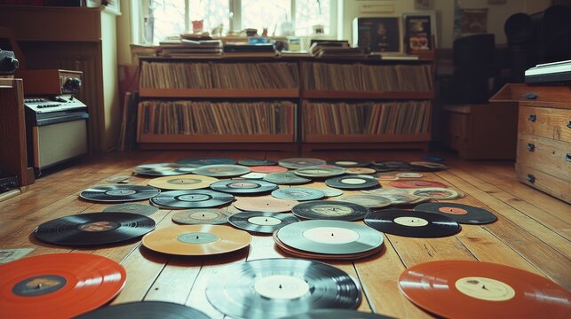 In a cozy living room, a vibrant tapestry of vinyl records, each bearing artwork as unique as the music they held, lay scattered on a weathered wooden floorboards, inviting exploration and nostalgia.