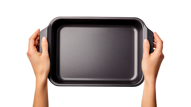 Top view female hands holding empty black metal baking tray oven pan isolated on transparent  background