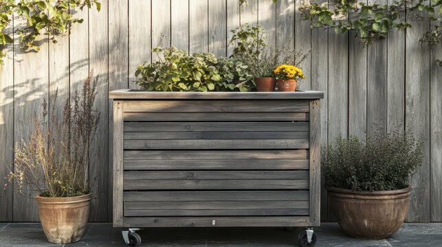 A sturdy outdoor storage box, its wheels rolling smoothly, stood proudly against a weathered wooden fence under the radiant gaze of the sun, offering a touch of functionality and rustic charm to a
