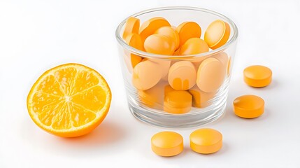 Orange slice and pills in a glass on white surface