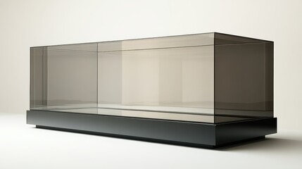 A sleek black display case, its base disappearing into the neutral backdrop, stood empty, awaiting its next occupant, its glass surface reflecting a pristine, minimalist aesthetic.