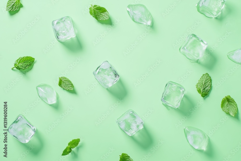 Poster Top view pattern of ice cubes and fresh mint leaves on a light green background creating a refreshing and vibrant visual display