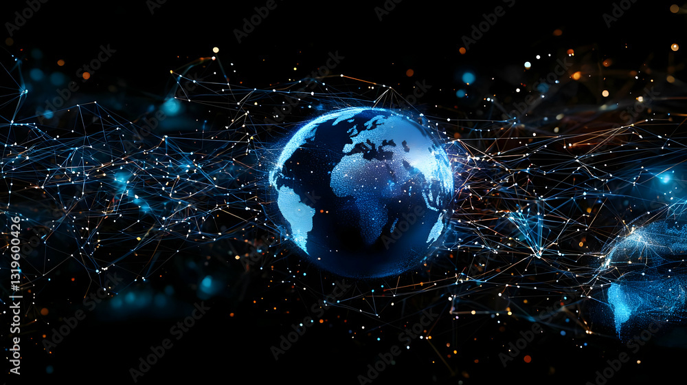 Poster blue illuminated globe with network connections and data flow on dark background visualization of gl