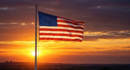 American flag waving proudly against a breathtaking sunset backdrop