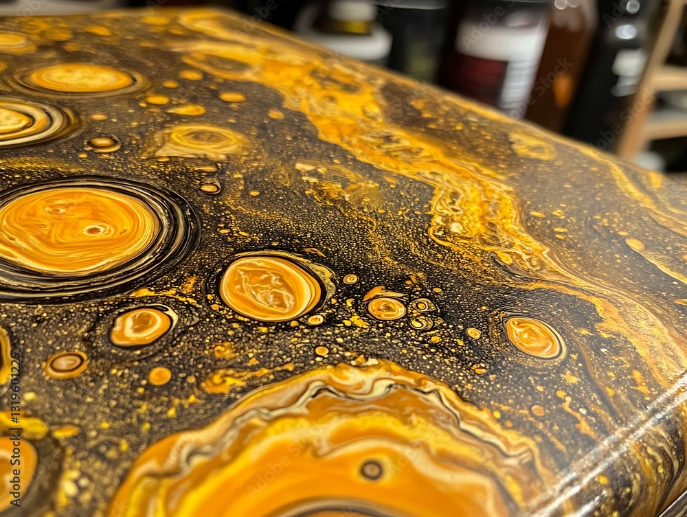 Poster fluid art with amber and dark hues creating abstract cell patterns