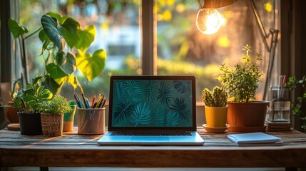 A warm and inviting perspective captures a rustic wooden desk bathed in soft, golden light. A laptop, stationery, and a cluster of vibrant potted plants create a serene workspace, exuding an air of