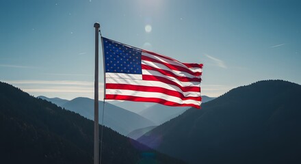 A Majestic Shot of the American Flag Waving Proudly Against a Mountain Backdrop