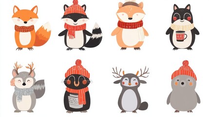 Fototapeta premium Cute cartoon animals wearing winter hats and scarves.