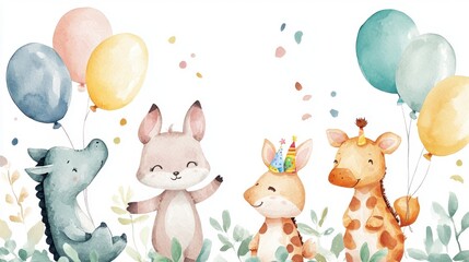 Cute animals celebrating with balloons in a joyful scene.