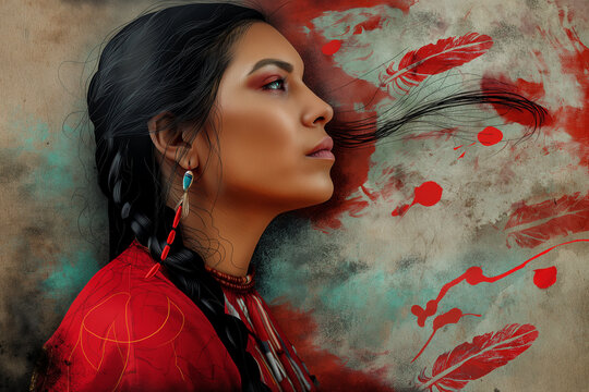 Portrait of a Native American woman in a vibrant red dress