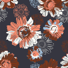 Bold Retro Floral Seamless Pattern with Coral, Burnt Orange, and Cream Blooms on Navy for Textile Print on Fabric