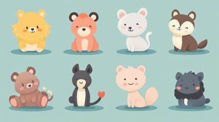 Cute and colorful cartoon animals on a soft background.