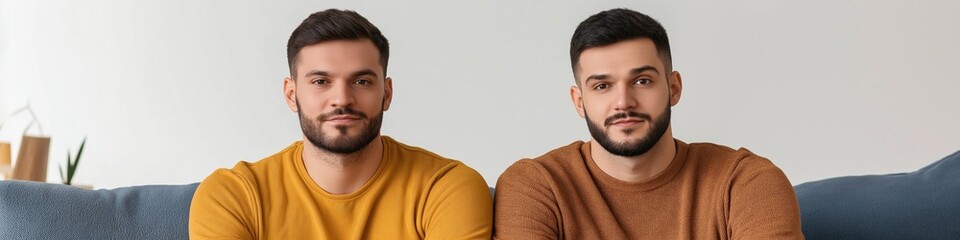 Two men are sitting on a couch, one wearing a yellow shirt and the other wearing an orange shirt