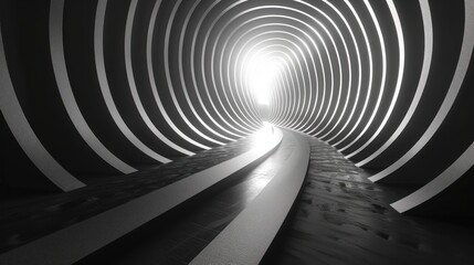 Abstract monochromatic tunnel with perspective leading towards illumination