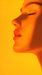 Young caucasian woman in profile serene expression with warm orange light artistic portrait
