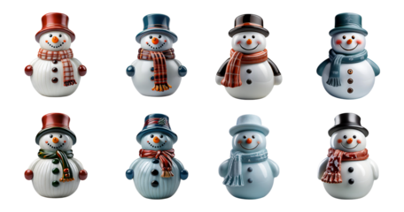 Cheerful Snowman Figurines in Various Hats and Scarves Collection, PNG bundle collection, Isolated on Transparent Background